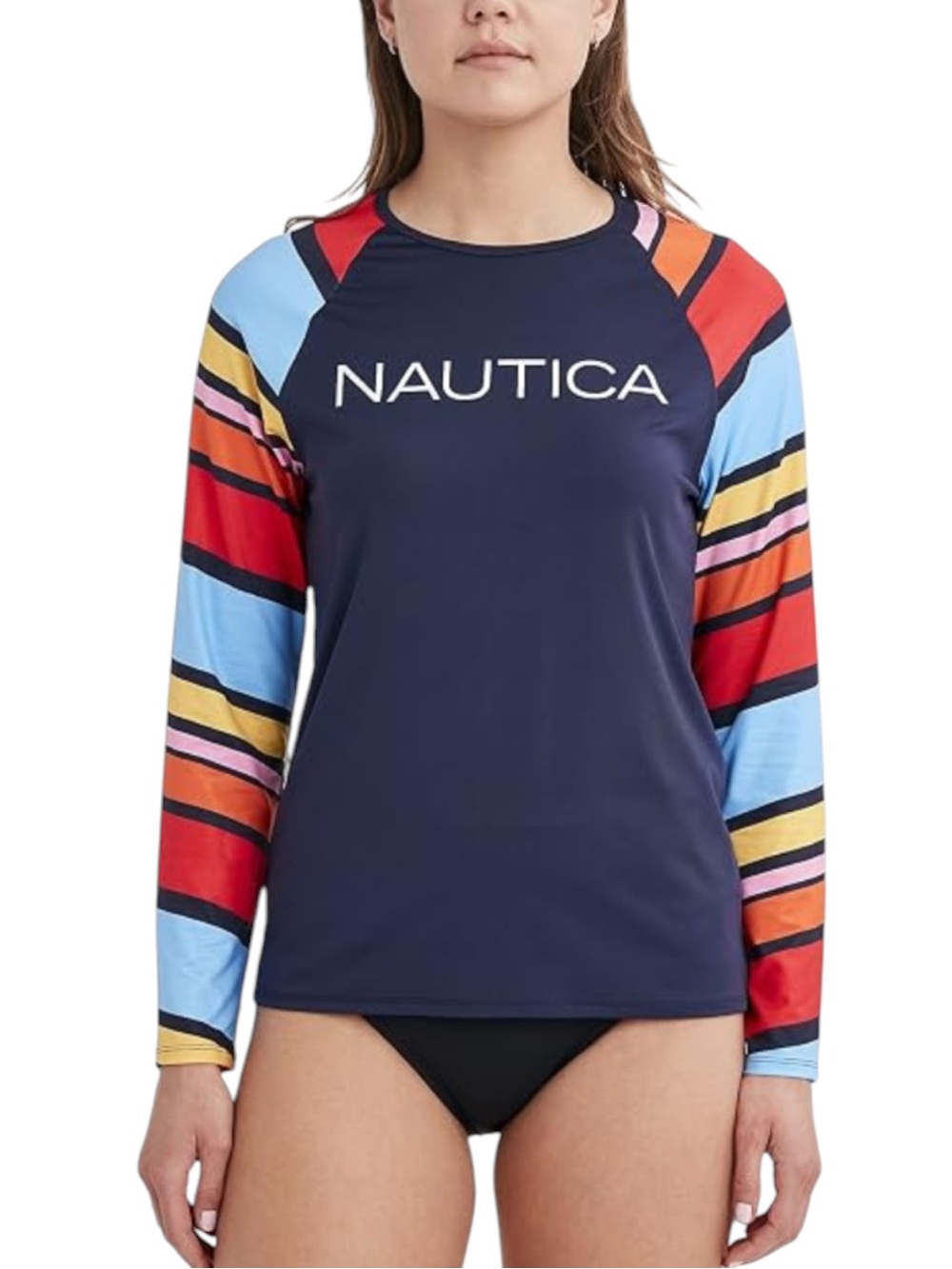 NWT Nautica Long Sleeve Rash Guard Swim Top UPF 30+ Colorblock Striped Size L